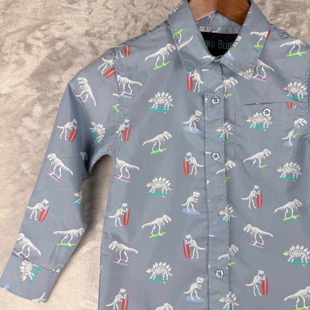 Kids‎ Bold Blue Dinosaur Surfing Button Down Shirt Size 4 Long Sleeve